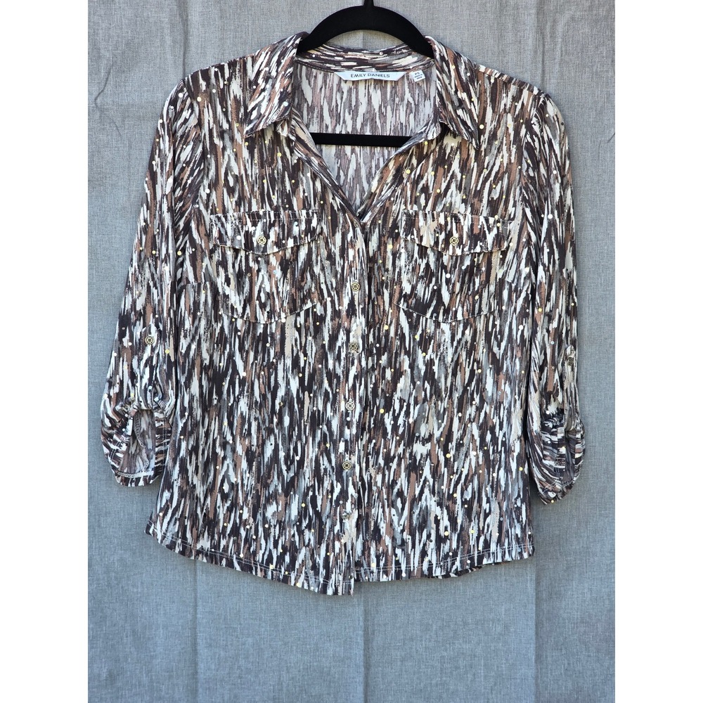 Emily Daniels Womens PS Petite Brown Abstract Sequin 3/4 Sleeve Button Up Shirt